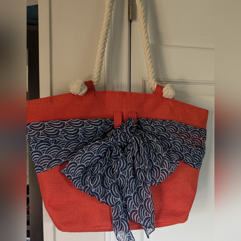 MUD PIE Orange Jute Tote with Blue/White  Sarong and Rope Handles
